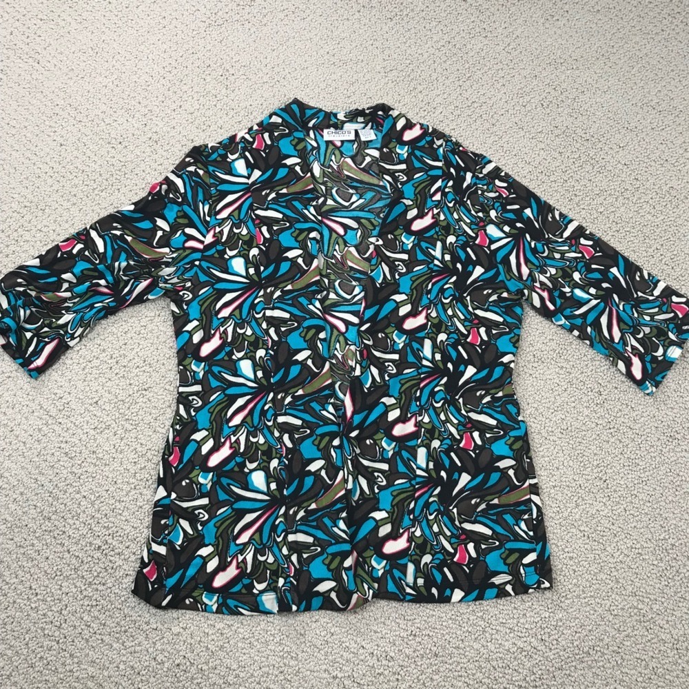Chicos Travelers Abstract Floral Open Front Cardigan Jacket Blue Black Size 2 L